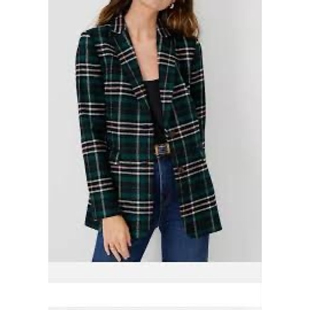 Ann Taylor Greenwich Plaid Wool Blend Blazer Womens 2 Green Pink